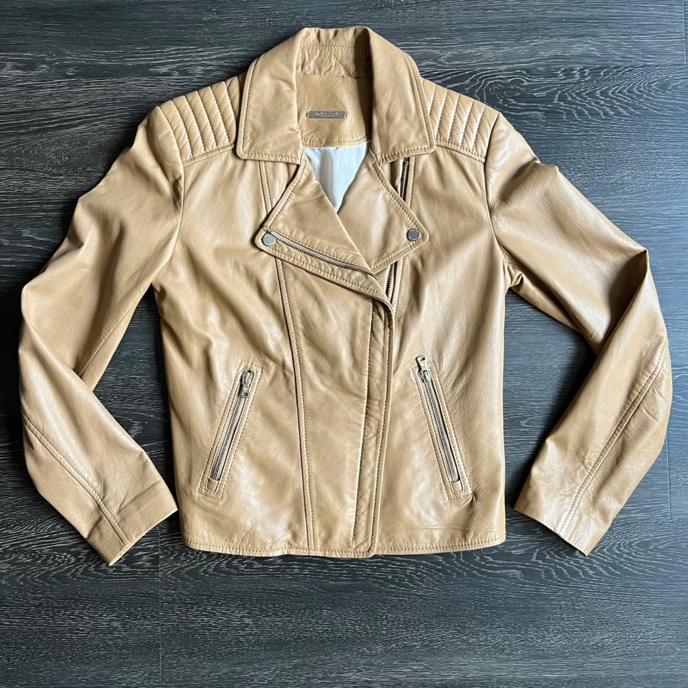 Massimo Dutti Soft Leather Biker Moto Jacket Tan Women Medium Streetwear